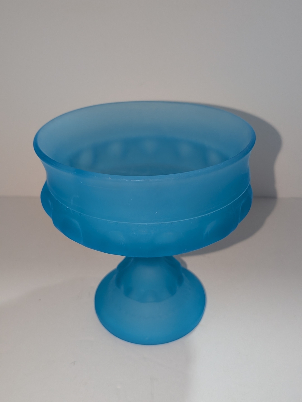 VTG Indiana Glass Frosted Blue Satin Kings Crown Footed Compote Candy Dish 5¼" T